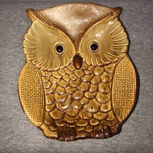 Ceramic Owl Candy Nut Trinket Dish Brown Plate 7"x 6"VTG Decor